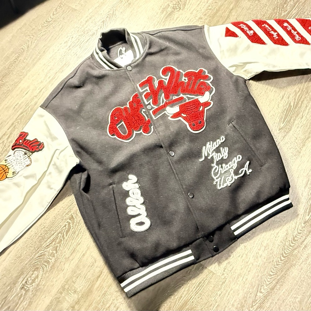 Off-White x Chicago Bulls Black and White Varsity Jacket with Red Accents